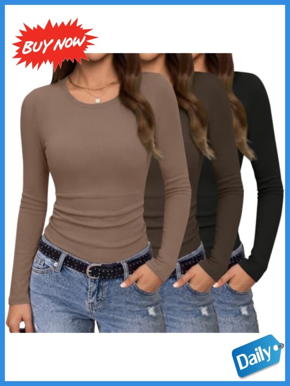 Ribbed Long Sleeve Crew Neck T-Shirt 3 Pack Slim Fit Layering Top
